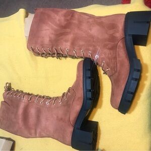Tan and Black Lace Up Boots with Rugged Style